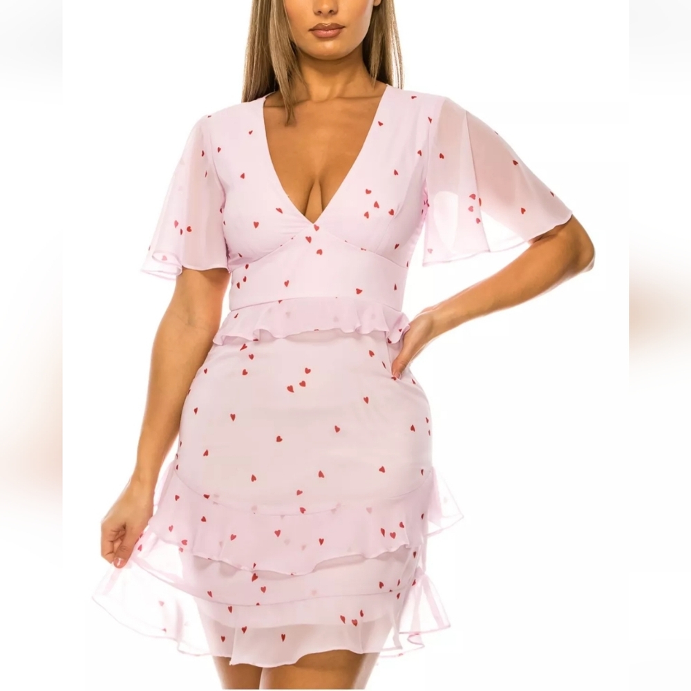 B DARLIN Womens Pink Lined Fitted Flutter Sleeve Short Dress, Hearts, 9/10